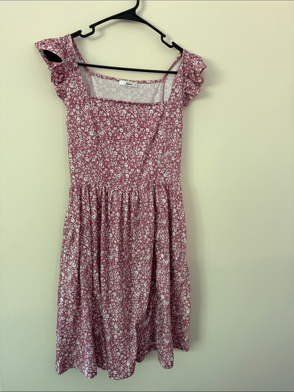 Square-Neck Pink Floral Midi Dress with Ruffle Sleeves